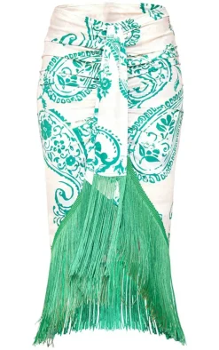 Green Paisley Print Tassel Hem Midi Skirt