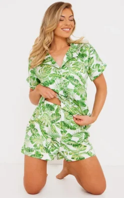 Green Palm Print Satin Short Pj Set