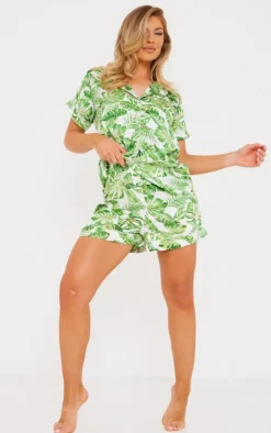 Green Palm Print Satin Short Pj Set