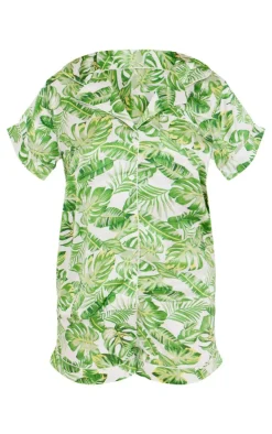 Green Palm Print Satin Short Pj Set