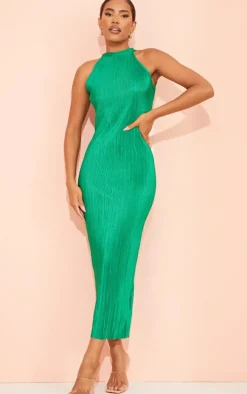 Green Plisse High Neck Midi Dress