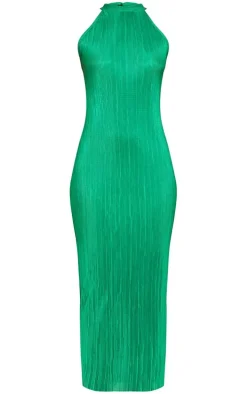 Green Plisse High Neck Midi Dress