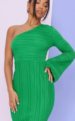 Green Plisse One Shoulder Flare Sleeve Midaxi Dress