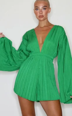 Green Plunge Pleated Romper
