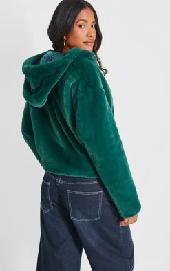Green Plush Faux Fur Hooded Zip Up Jacket