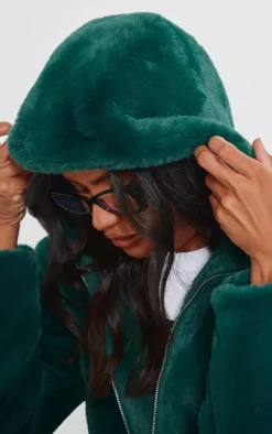 Green Plush Faux Fur Hooded Zip Up Jacket