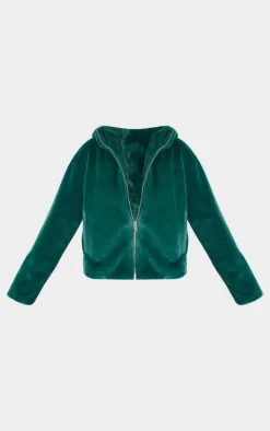 Green Plush Faux Fur Hooded Zip Up Jacket