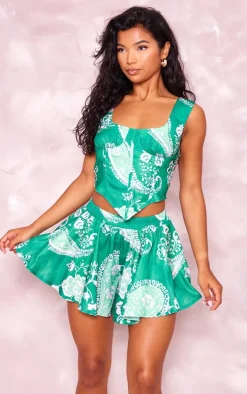 Green Print Linen Look Corset