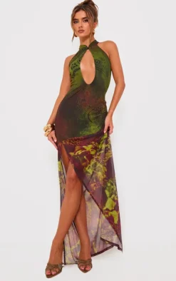 Green Print Mesh Extreme Cut Out Maxi Dress