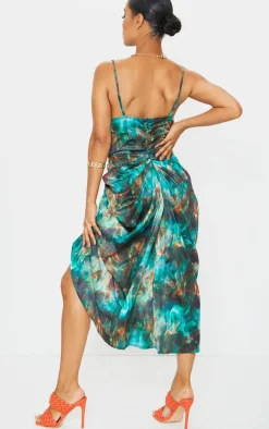 Green Print Satin Strappy Cowl Neck Side Gathered Midi Dress