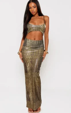 Green Print Sequin Cut Out Maxi Dress