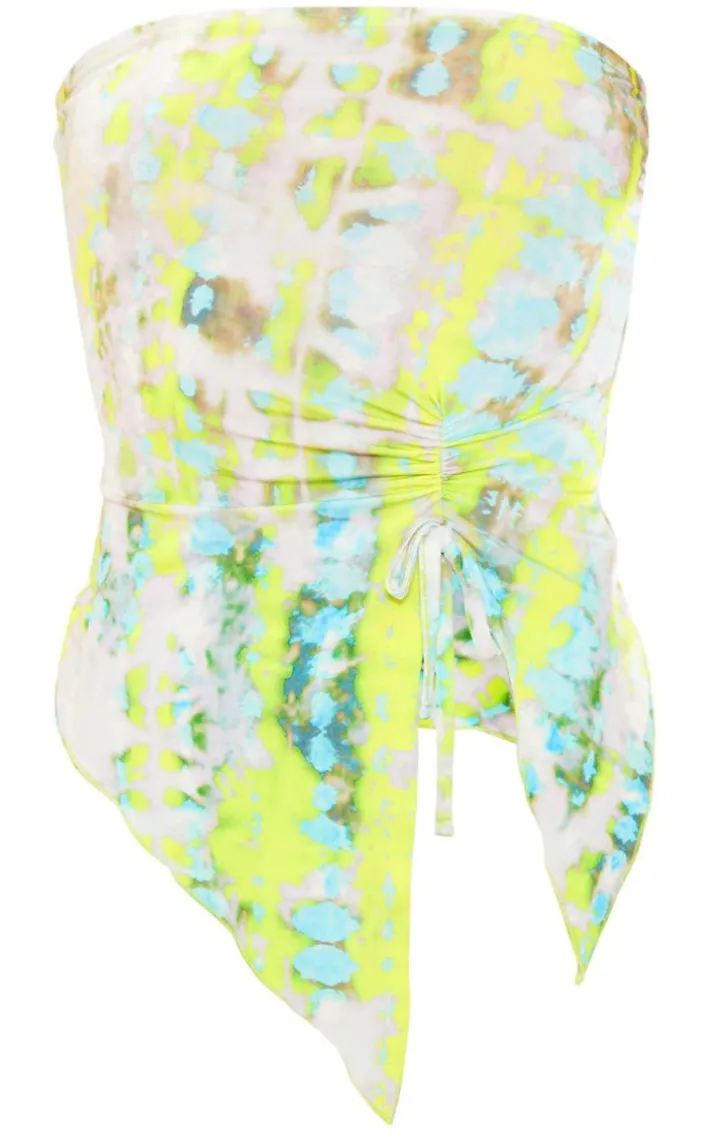 Green Print Slinky Ruched Asymmetric Bandeau