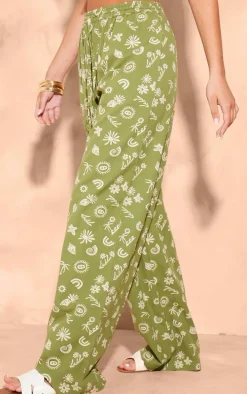 Green Printed Drawstring Waist Straight Leg Pants