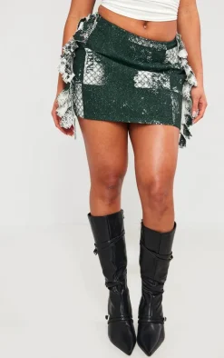 Green Printed Jacquard Tassel Edge Mini Skirt
