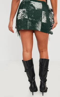 Green Printed Jacquard Tassel Edge Mini Skirt
