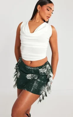 Green Printed Jacquard Tassel Edge Mini Skirt