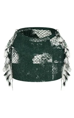 Green Printed Jacquard Tassel Edge Mini Skirt