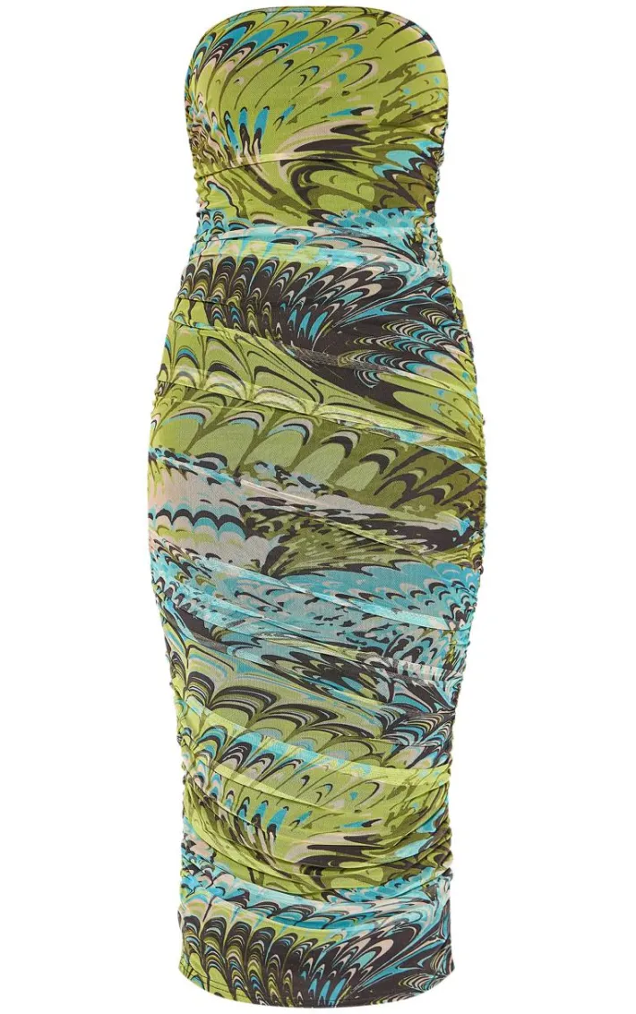 Green Printed Mesh Bandeau Ruched Midaxi Dress