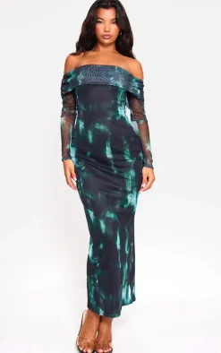 Green Printed Mesh Bardot Long Sleeve Maxi Dress