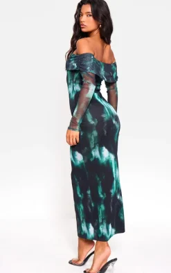 Green Printed Mesh Bardot Long Sleeve Maxi Dress