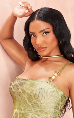 Green Printed Mesh One Shoulder Spilt Hem Midi Dress