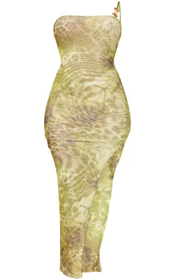 Green Printed Mesh One Shoulder Spilt Hem Midi Dress