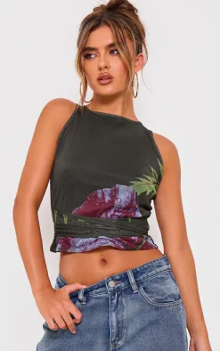 Green Printed Mesh Tie Detail Boat Neck Top