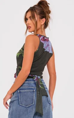 Green Printed Mesh Tie Detail Boat Neck Top