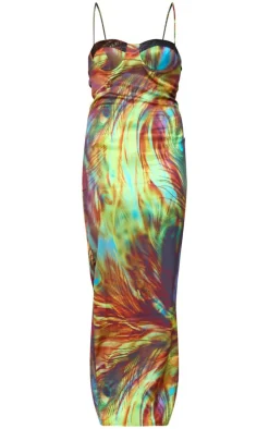 Green Printed Satin Print Lace Trim Maxi Dress