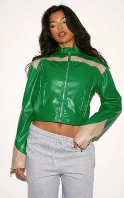Green PU Racer Neck Pleated Detail Jacket