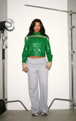 Green PU Racer Neck Pleated Detail Jacket