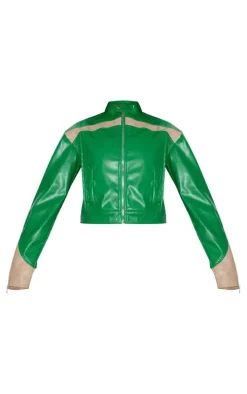 Green PU Racer Neck Pleated Detail Jacket
