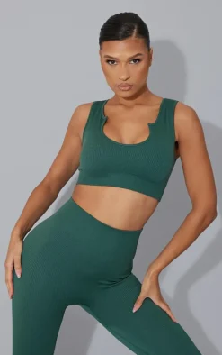 Green Ribbed Seamless Sport Slash Neck Crop Top