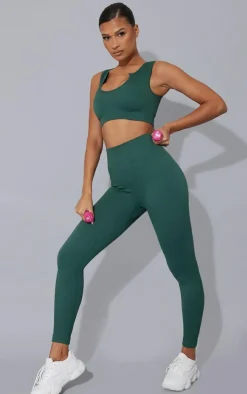 Green Ribbed Seamless Sport Slash Neck Crop Top