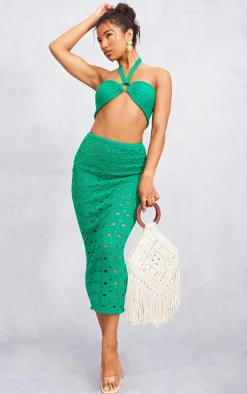 Green Ring Detal Halter Tie Knit Bralet
