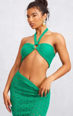 Green Ring Detal Halter Tie Knit Bralet