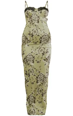 Green Satin Print Lace Trim Maxi Dress