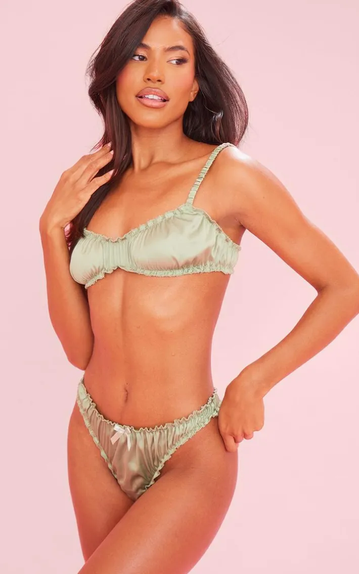 Green Satin Ruched Frill Lingerie Set