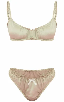 Green Satin Ruched Frill Lingerie Set