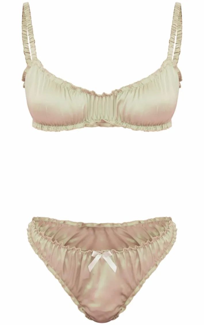 Green Satin Ruched Frill Lingerie Set