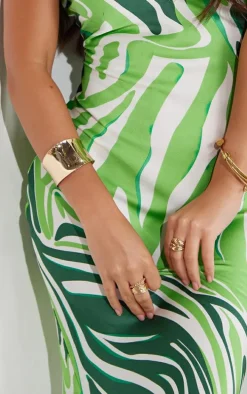 Green Satin Zebra Print Maxi Dress