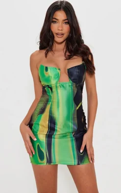 Green Smoke Print Satin V Bar Bandeau Bodycon Dress