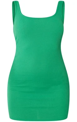 Green Square Neck Low Back Rib Bodycon Dress