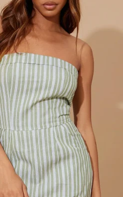 Green Stripe Linen Look Bandeau Bodycon Dress