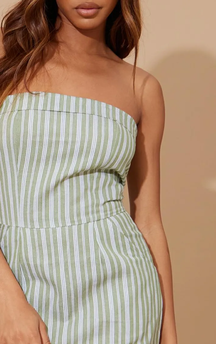 Green Stripe Linen Look Bandeau Bodycon Dress