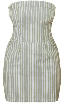 Green Stripe Linen Look Bandeau Bodycon Dress