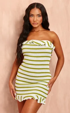 Green Striped Bandeau Frill Hem Textured Bodycon Dress