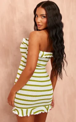 Green Striped Bandeau Frill Hem Textured Bodycon Dress