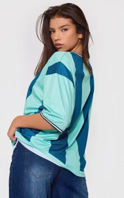 Green Striped V Neck Oversized Football T Shirt