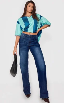 Green Striped V Neck Oversized Football T Shirt